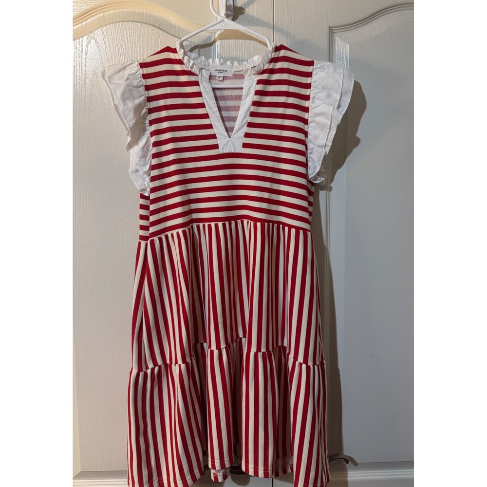 Anniewear‎ Red Striped Dress Ruffle Sleeves Tiered Casual Mini Dress S